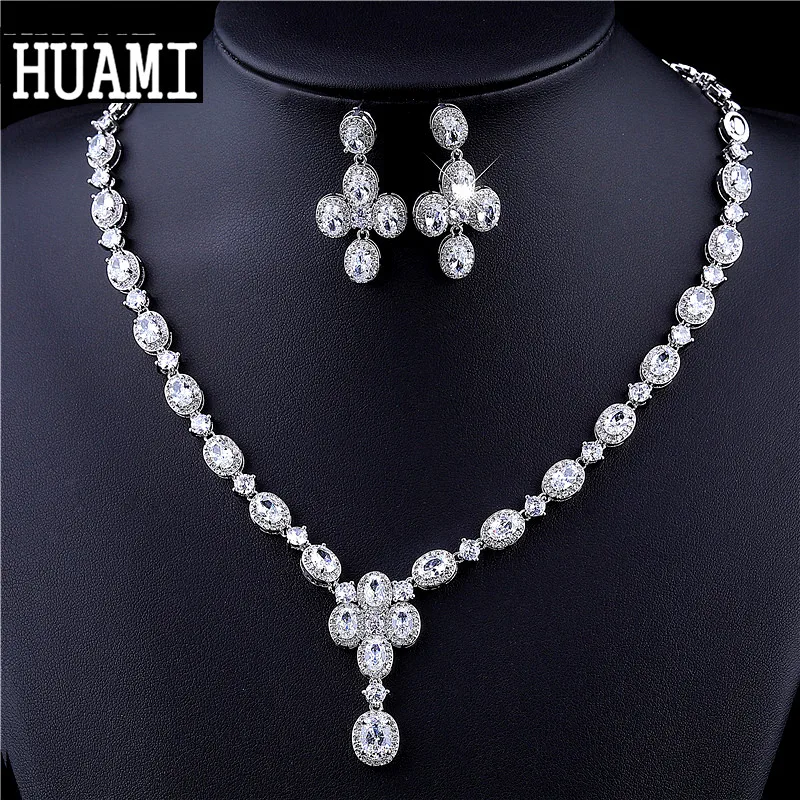 

HUAMI Fine Jewelry Set Earrings&Necklace for Women Flower Shape Long Chain Bride Jewelry Engagement High Quality Bijoux Femme