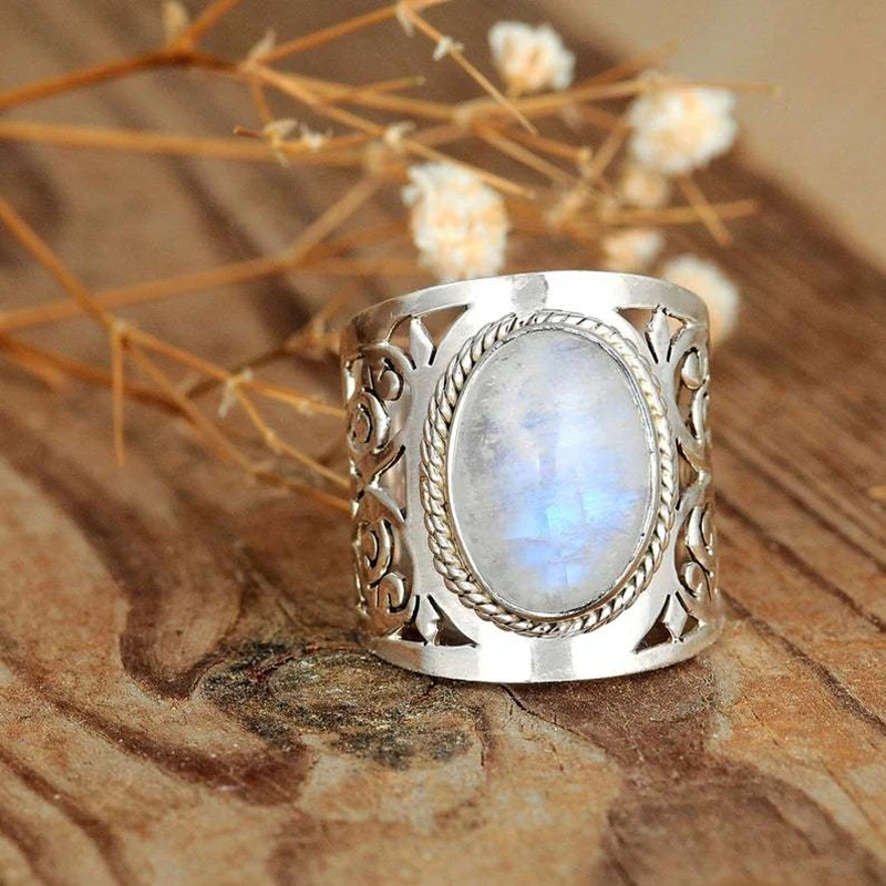 

Vintage Bright Oval Opal Silver Color Ring for Women Boho Jewelry Gift Wedding Rings Big Stone Ring Womens Rings