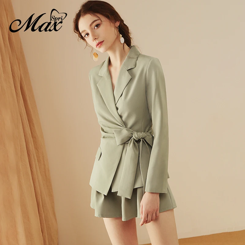 

Max Spri 2019 Fall Winter New Women 2-Piece Sets Suit Notched Collar Full Sleeve Lace-up Blazer Wide Leg Shorts OL Daily Outfit