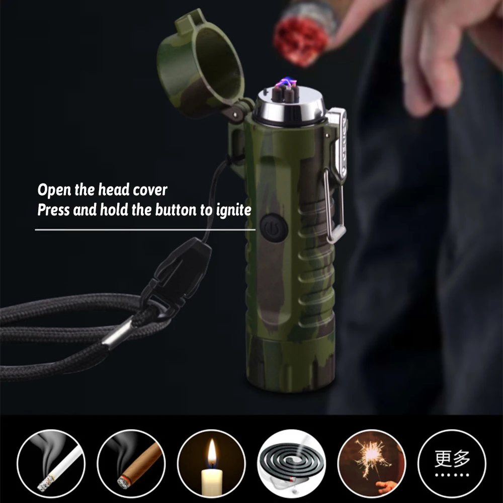 

Waterproof Flameles USB Rechargeable Lighter Double Arc Outdoor Camping Sports Cigarette Lighter For Smoking With Flashlight