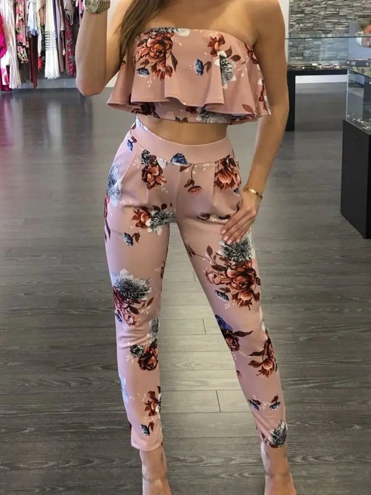 Женский укороченный топ с оборками и принтом длинные штаны комплект из 2
