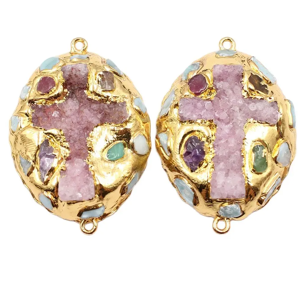 

3 шт. 32x40 мм Синий Ларимар позолоченный Турмалин кварцевый Крест Подвеска соединитель для ожерелья браслета серьги ювелирные изделия DIY