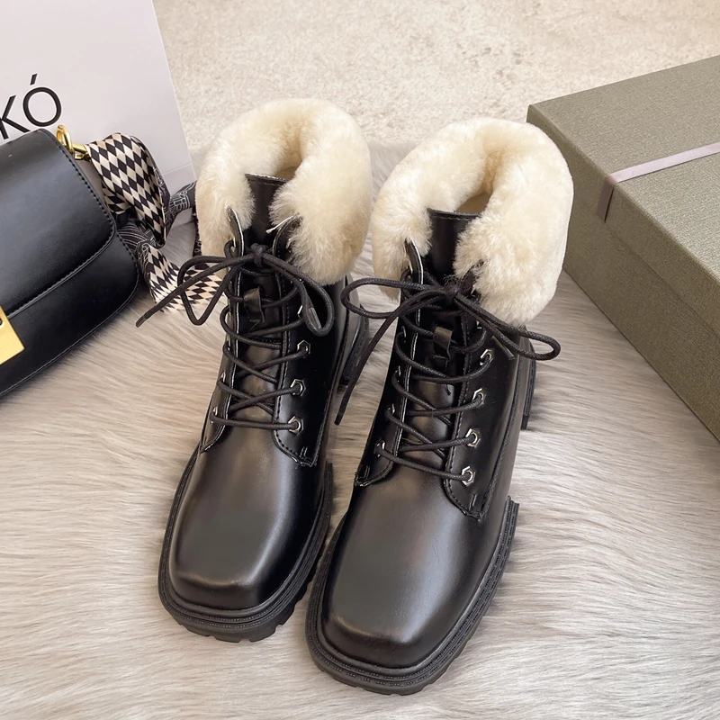 

Luxury Designer Warm Fur Black Ankle Boots Women 2021 Leather Platform Autumn Winter Shoes Ladies New Fashion Short Booties