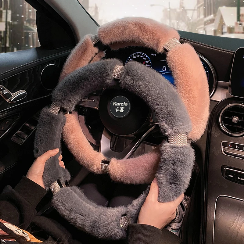 Fluffy Car Steering Wheel Cover Plush Winter Universal Bling Rhinestones Diamond Fur Furry Car Steering Covers For Women Girls