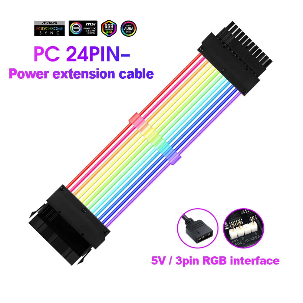 

Dual Layer PC Computer 24pin Power Extension Cable 5V RGB luminous for ATX E-ATX M-ATX Motherboard PC Case Power Cable Colorful