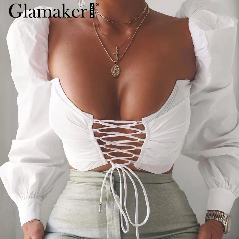 Женский укороченный топ с рукавами фонариками Glamaker белый однотонный на шнуровке