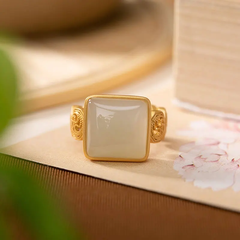 

Rings Hetian Jades Women Ring Natural Gems Adjustable Rings Birthday Gifts Hollow Spiral Pattern Open Rings K0075