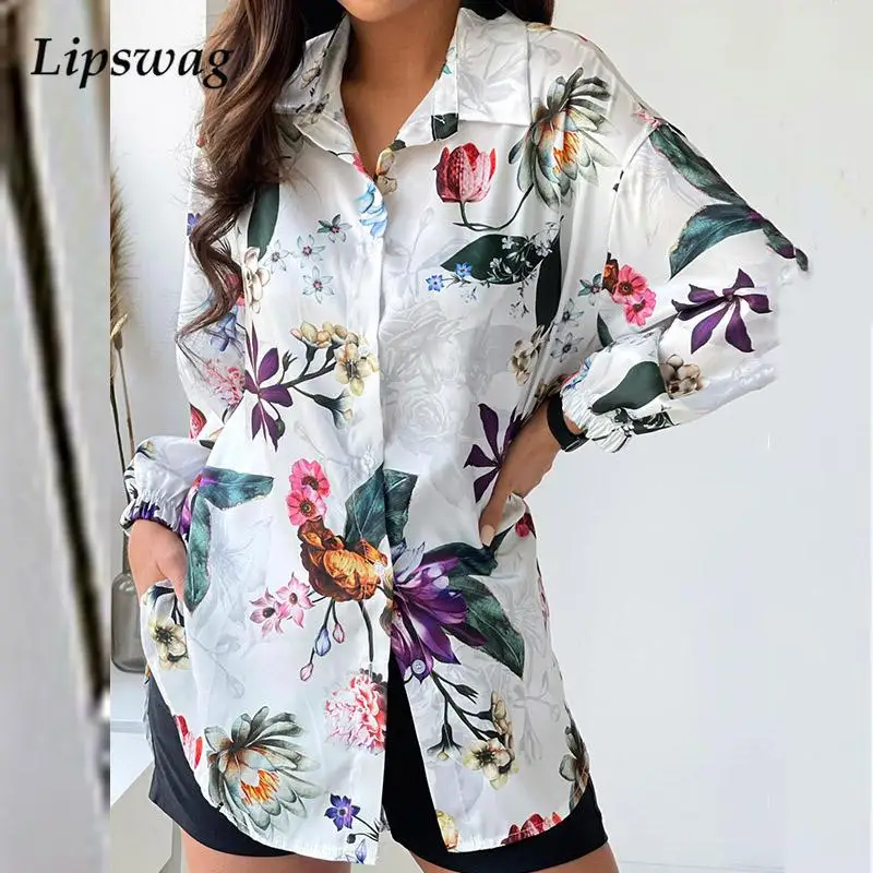 

Женская Асимметричная блузка на пуговицах с длинным рукавом и цветочным принтом