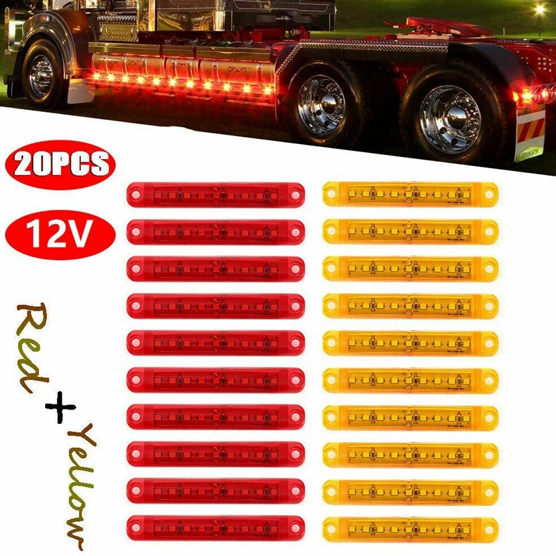 

20Pc Durable Amber+Red 9-LED Truck Trailer Lorry Sealed Side Marker Clearance Light Low Led Trailer Light Rear Side Lamp