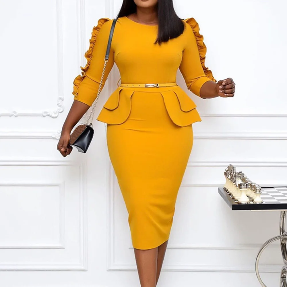 

African Style Women Bodycon Dress Solid Color Sexy Fashion Mid-Calf High Waist Woman Dresses Belt Slim OL Robes Vestidos Female