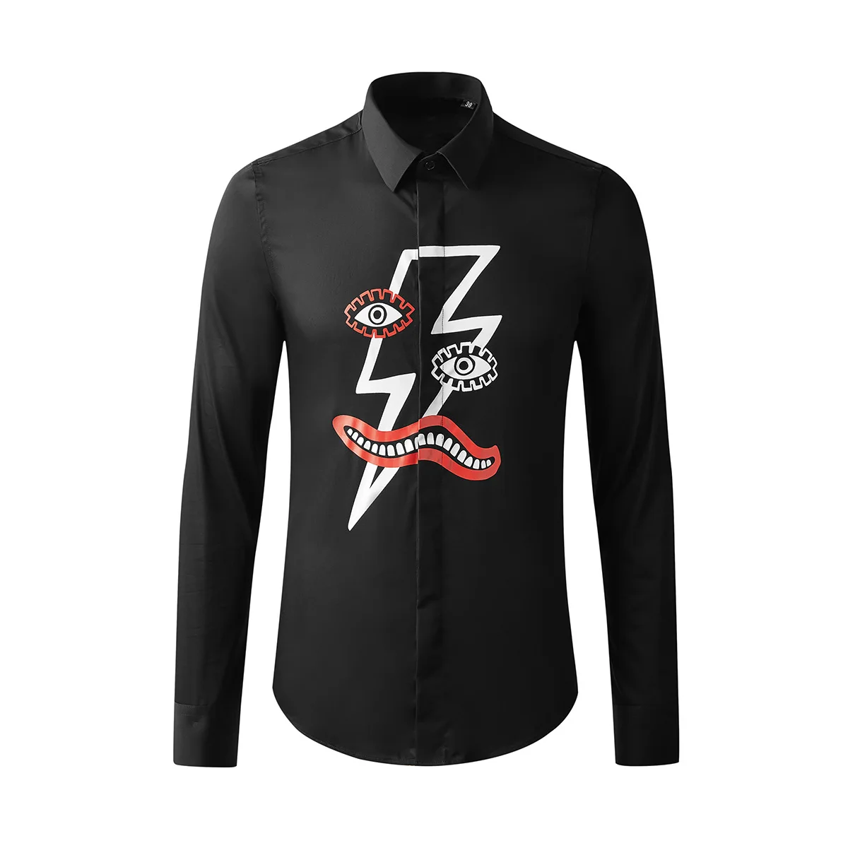 

New Arrival High Quality Fashion Eyes Teeth Creative Lightning Printing Long Sleeve Men Youth Casual Shirts Size M L XL 2XL 3XL