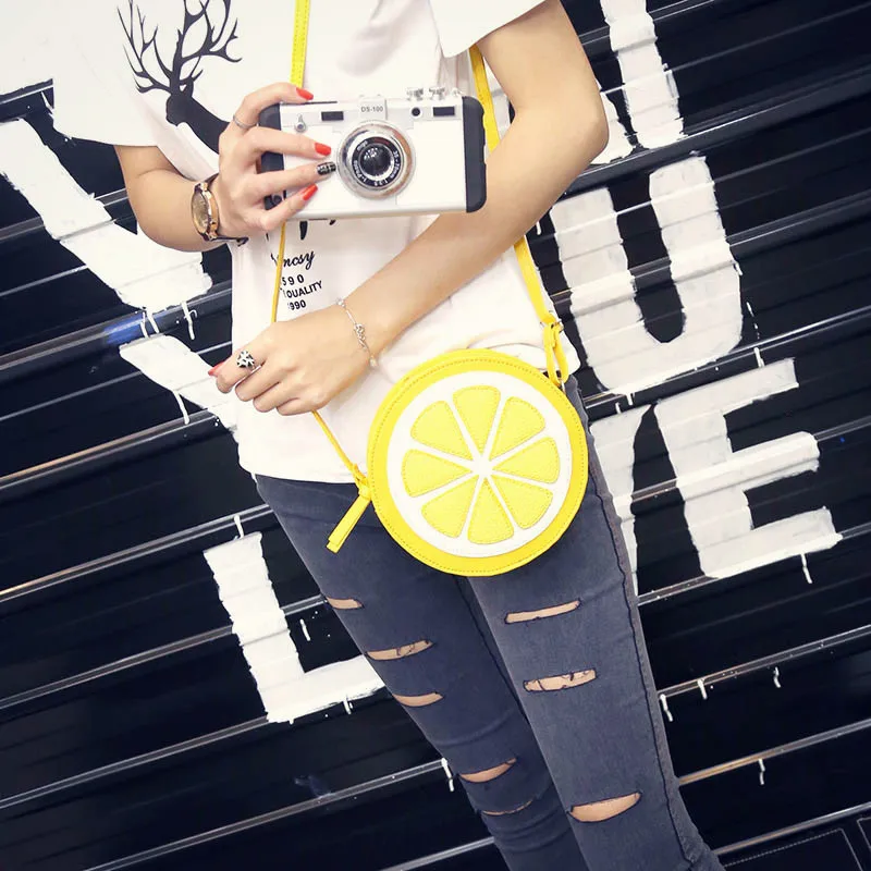 

Circular Orange Lemon Women Bag Zipper Messenger Crossbody Waterproof Handbags Brand Designer Purse Lady Shoulder Shopping Bag