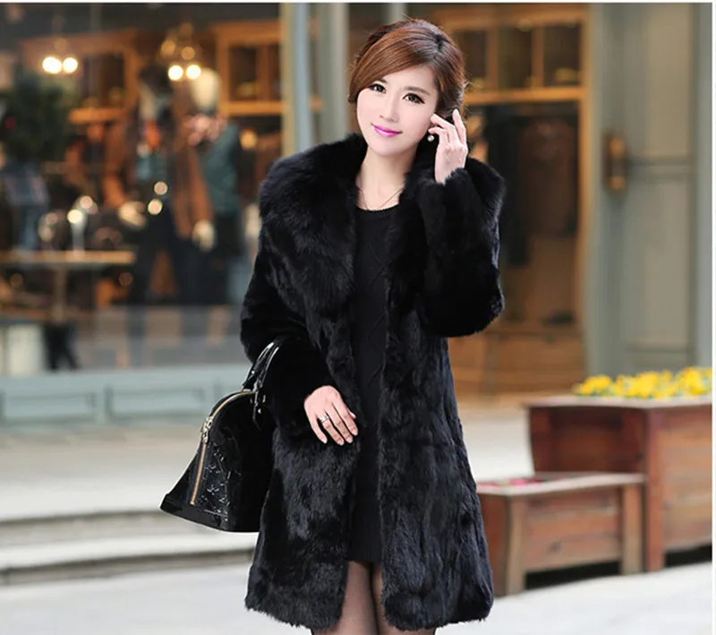 

Faux Coat Women Rabbit Fur Jacets Female Thick Warm Overcoat Fox Furs Collar Coats Black Jacket Plus Size 5XL WXF036