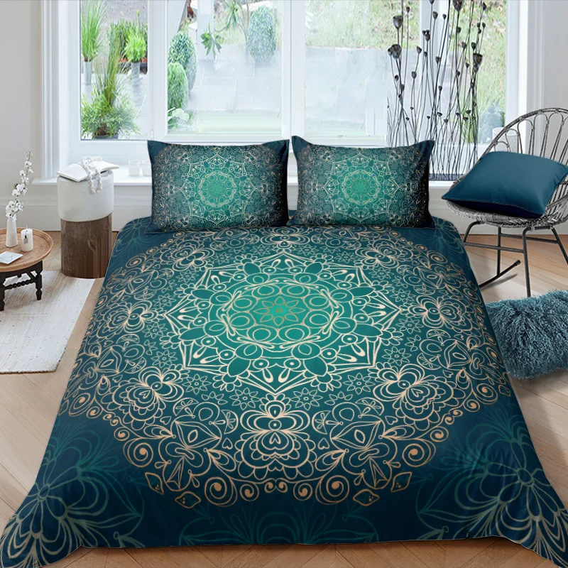 

oentyo Blue Bedding Set Bohemian Mandala Printing Duvet Cover Microfiber Fabric With Pillowcase For Boho Home Textiles Bed Cover