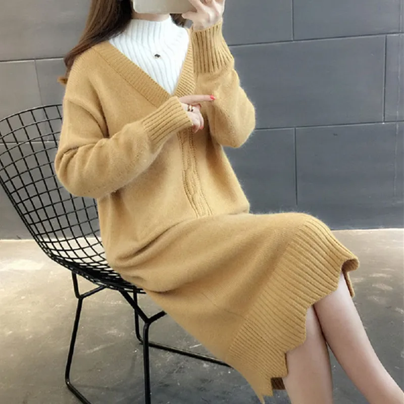 

Women's Sweaters Fashion 2021 Thick Mid-Length knitted Fake Two-Piece Dress Half High Neck Long Sleeve Pullover Clothing