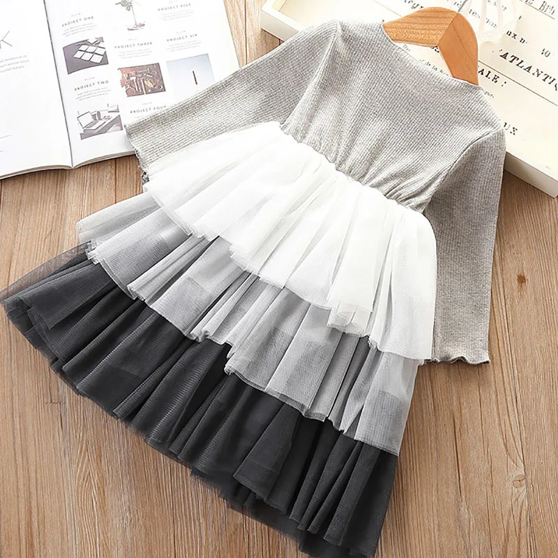 

Baby Girl Dress Multi-Layers Mesh Round Neck Long Sleeve Clothes for Toddlers Kids Children Outfits AN88