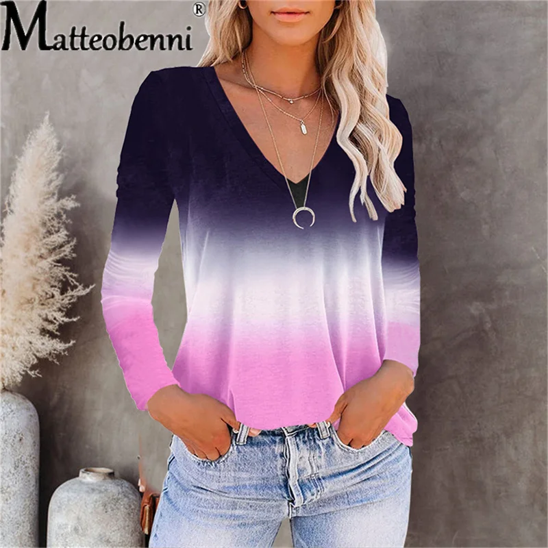 Женская футболка с длинным рукавом Повседневная Свободная V образным вырезом и