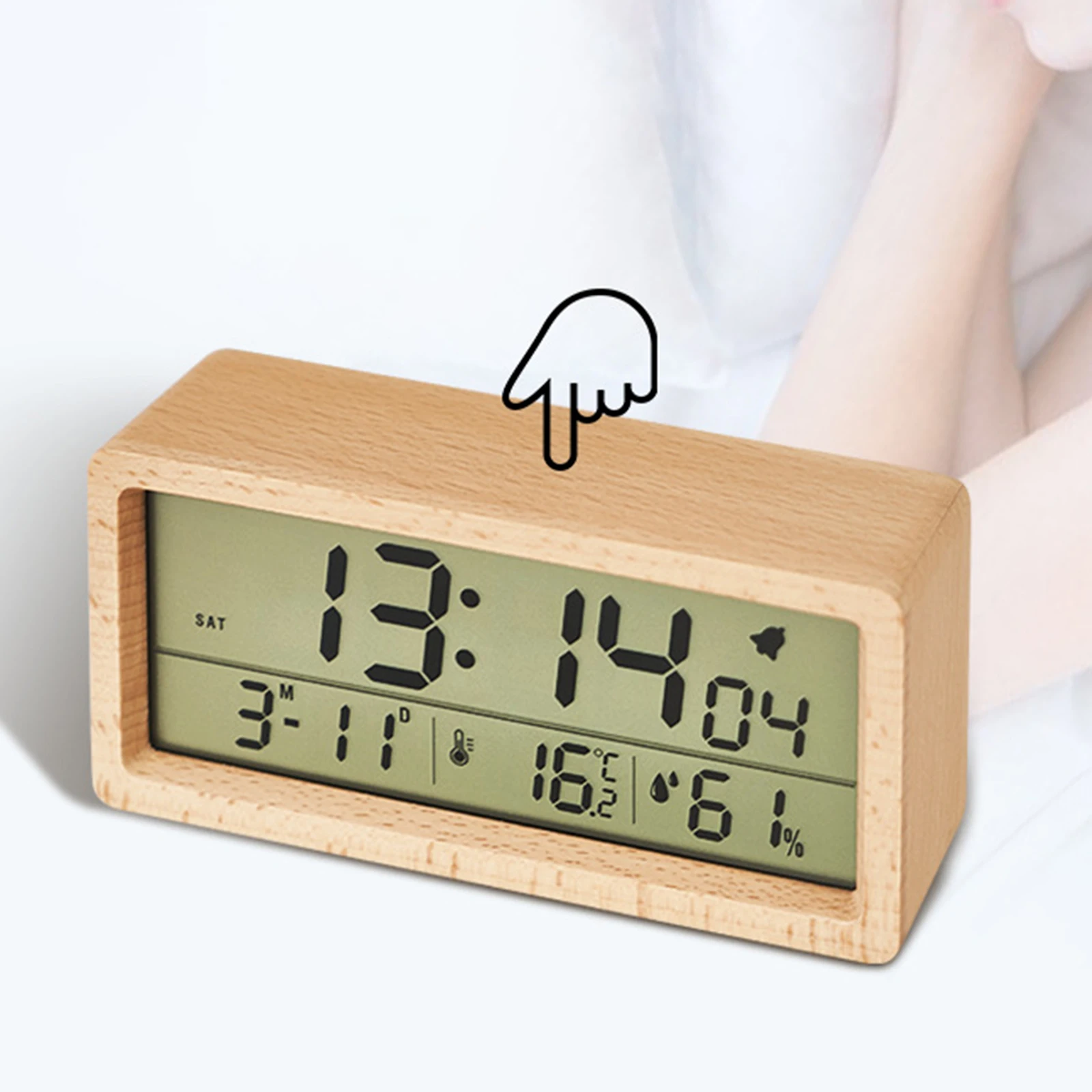 

Digital Alarm Clock Battery Powered Wooden LCD Clock with Backlight Snooze Temperature and Humidity for Bedroom Dorm