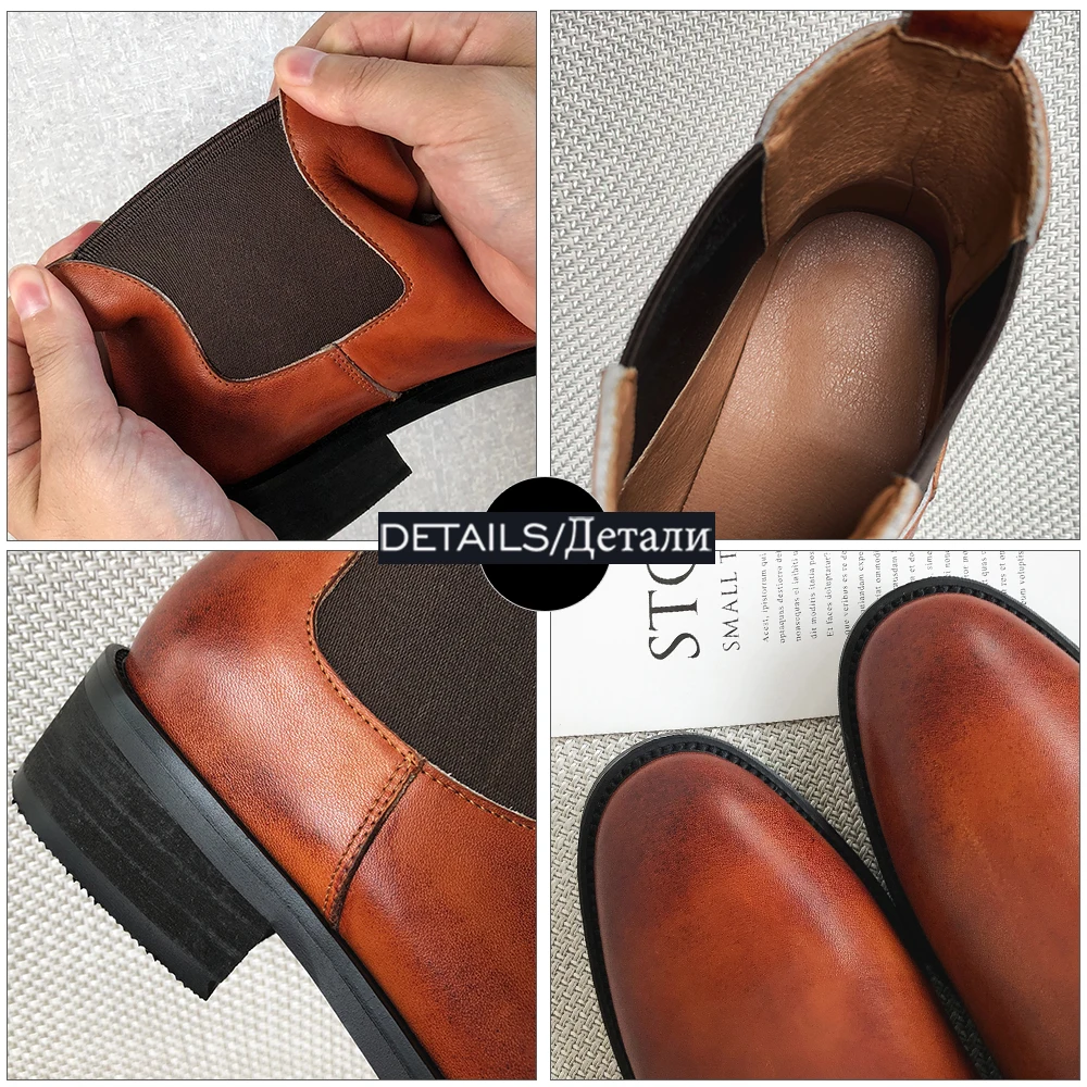 

ISNOM Vintage Ladies Chelsea Boot Genuine Leather Ankle Boots Shoes Woman Chunky Heel Platform Women Booties Slip On Female Shoe
