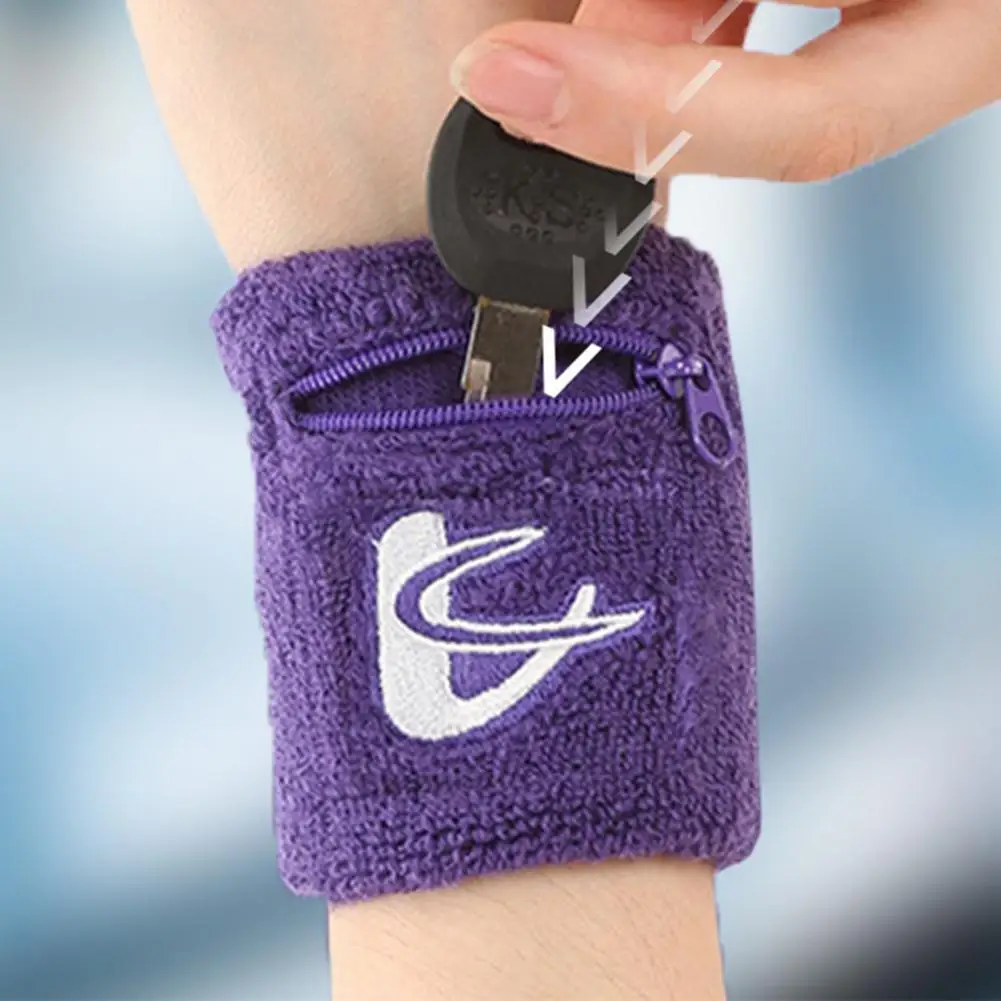 

1 pair Fitness wristband Zipper pocket storage wristband cotton sweat-absorbent sports wristband small pocket fitness wristband
