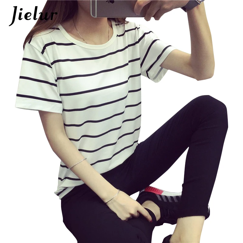 Jielur летняя модная свободная Camisetas Mujer футболка в полоску с короткими рукавами