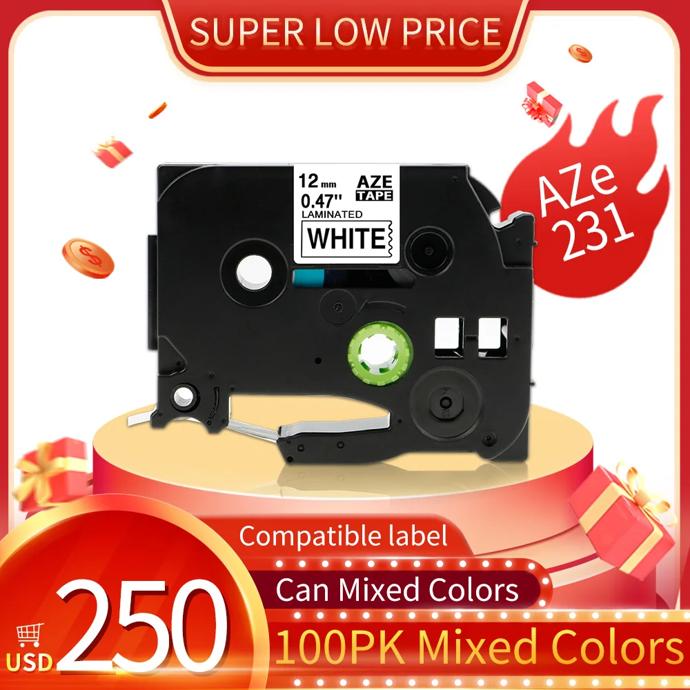 

100 шт., лента для ламинированной ленты Brother, 12 мм, черно-белая, для модели 251, 631, 641