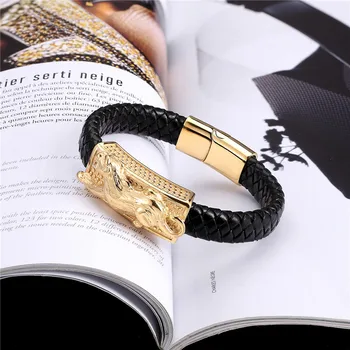 Punk Design 18k Plated Fish Bones Genuine Leather Bracelet 4