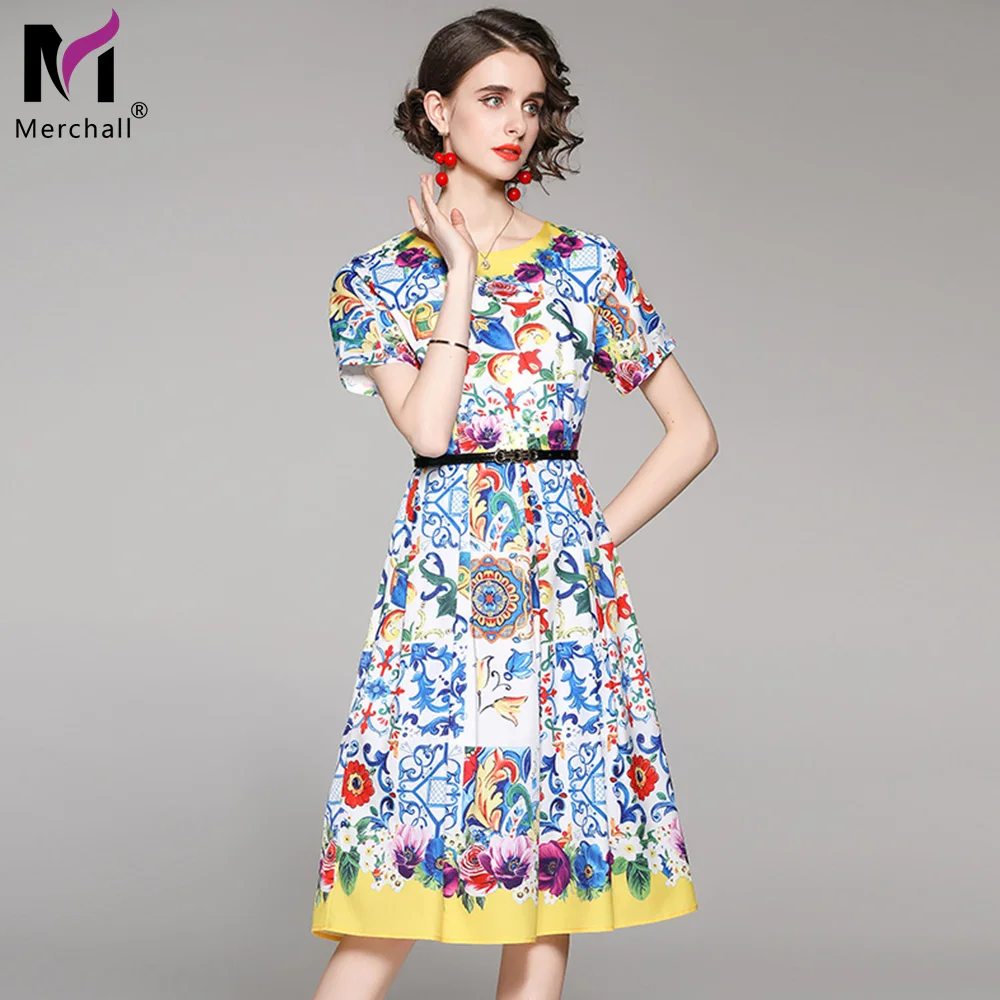 

2021 Newest Fashion Runway Summer Dress Women's Short Sleeve Round Neck Blue and white porcelain Floral Print Party Midi Dress