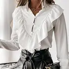 Hirigin элегантные женские демисезонные рубашки однобортный дизайн оборки Декор v-образный вырез длинный рукав узор в горошек тонкий кардиган Топ