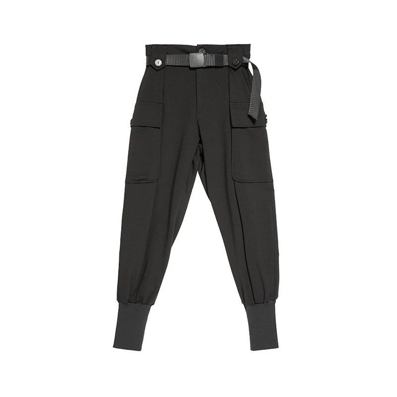 

Black casual leggings trousers fall fashion casual large pockets fall women's pants with adjustable waistband