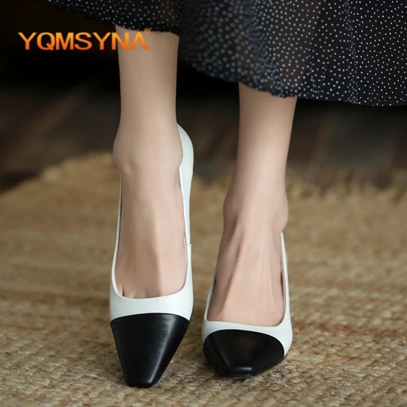 

YQMSYNA Sexy Women Pumps Genuine Leather Thin Heels Square Toe Shallow Mixed Colors Pumps Concuse Ladies High Heels Shoes AS57
