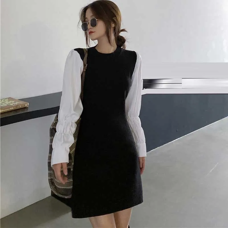 

French Vintage Ladies Splicing Knitted Sweater Dress Korean Elegant Slim Fake Two-Piece Dresses 2020 Spring Autumn Fashion Dress