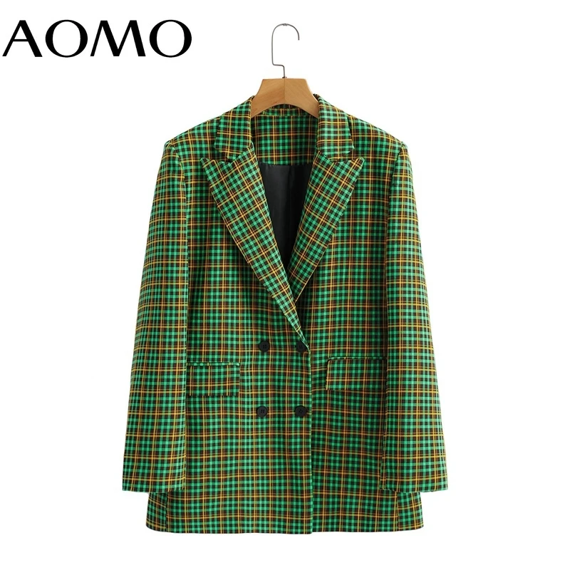 

AOMO Women Vintage Green Plaid Blazer Female Long Sleeve Elegant Jacket Ladies Work Wear Blazer Formal Suits 8Y41A