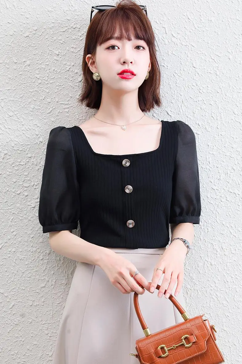 

COIGARSAM Vintage Chiffon blouse women New Summer Puff Sleeve Square Collar blusas womens tops and blouses Black 5138