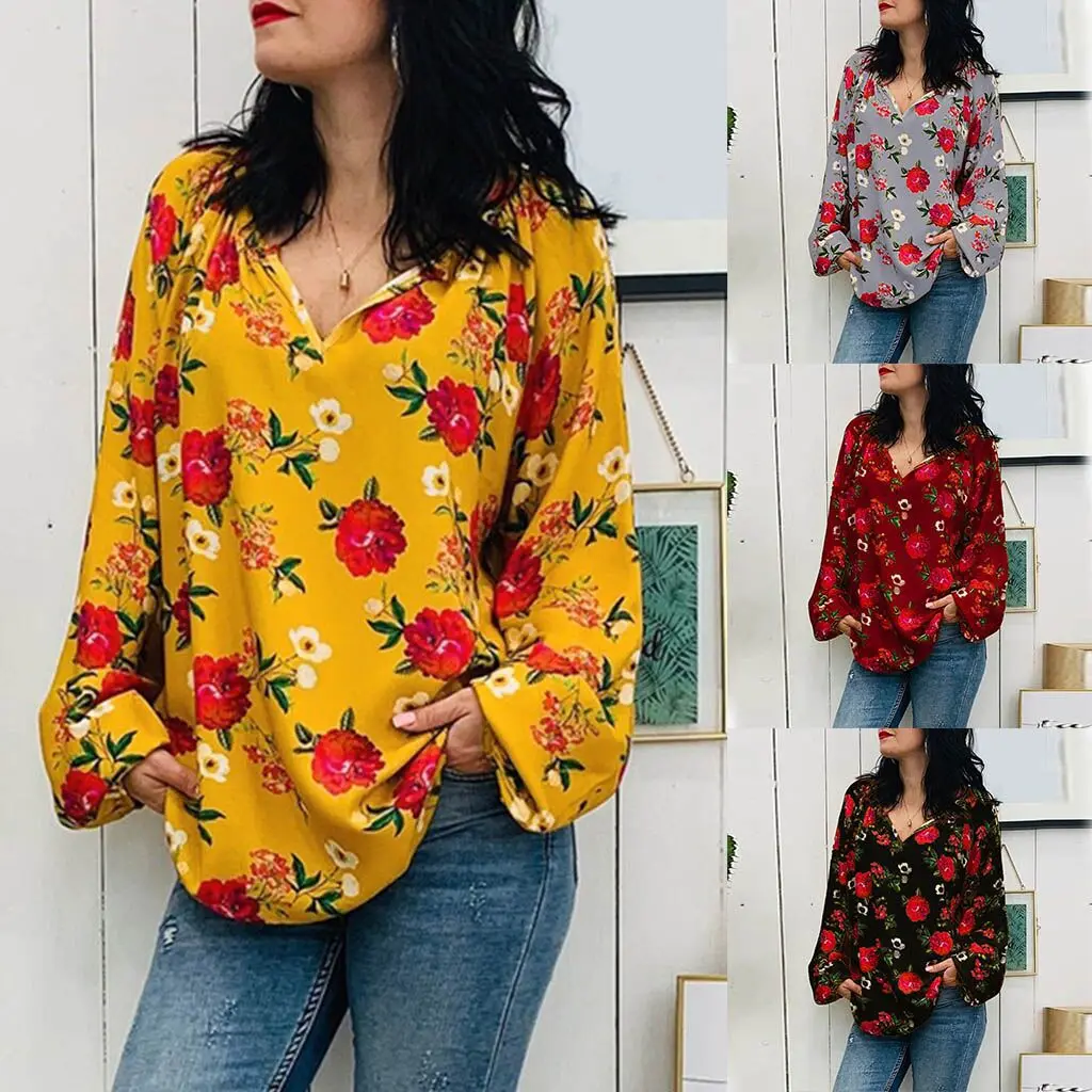 

Vintage Floral Blouses Long Sleeve V Neck Casual Tops And Blouses Women Yellow Floral Shirts Autumn Streetwear Boho Blusa Mujer