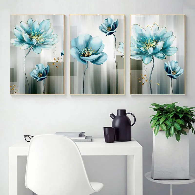 

for Living Room Gold Print Cuadros Salon Decoracio Abstract Blue Flower Canvas Painting Modern baby blue Wall Art Picture