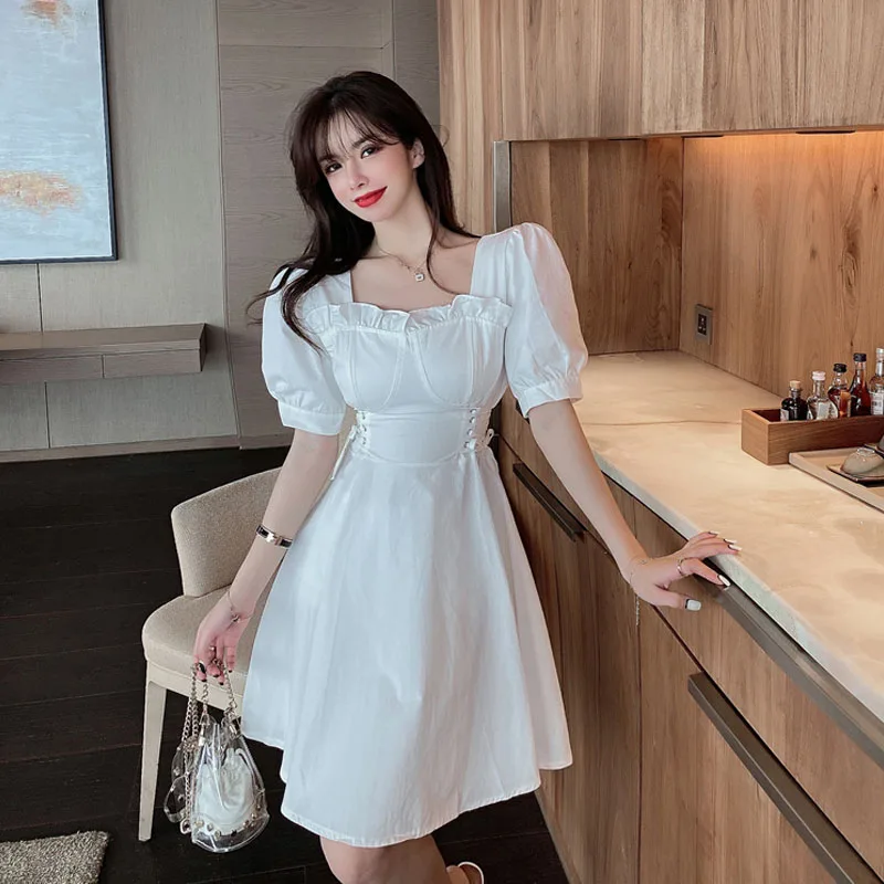 

new 2021 Summer New Vintage Waist Lace-Up White Fairy Temperament Cute Mini Sexy One Piece Korean Fashion Women'S Clothing Dress