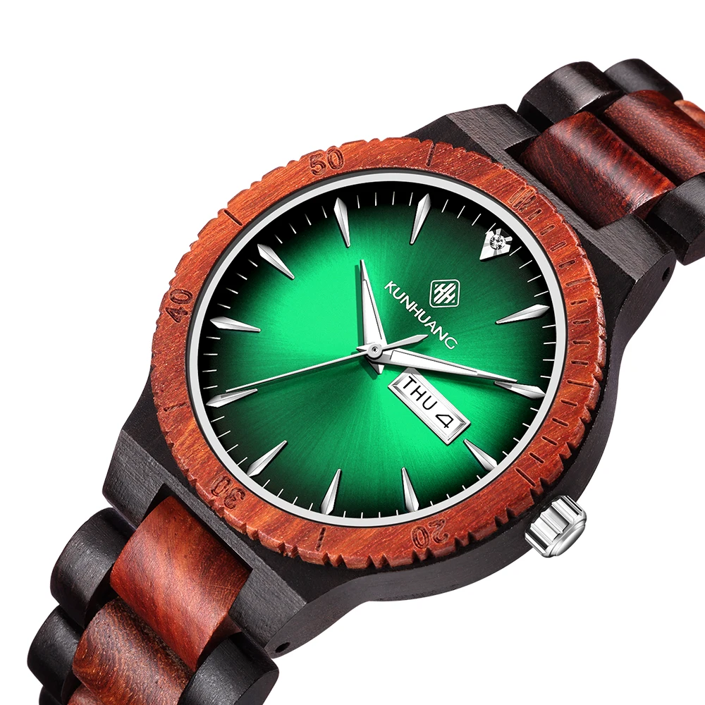 

KUNHUANG Green Wooden Man Watch Week Luminous Hands Automatic Date Quartz Watch For Men Relogio Masculino Box Tool KH1105 2021