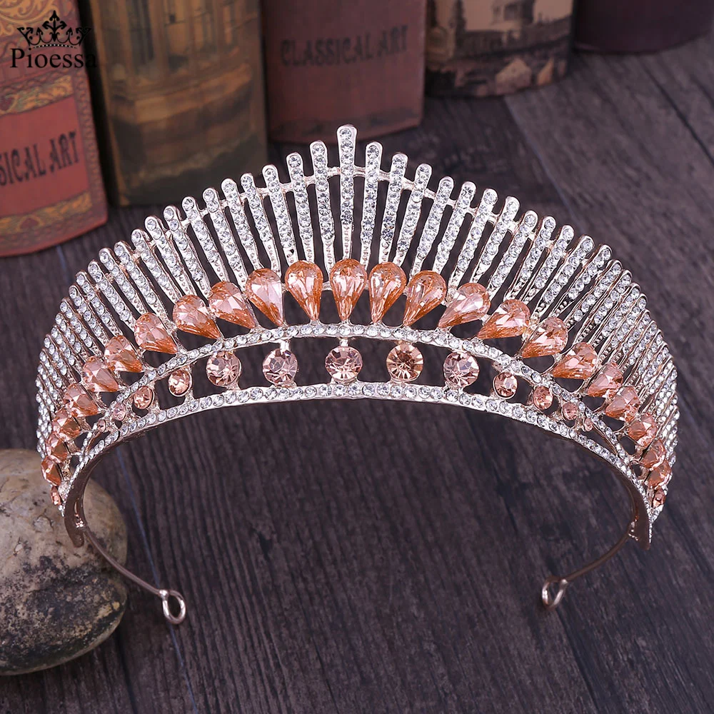 

Pioessa Luxury Handmade Rhinestone Water Drop Beaded Crown Royal Diverse Color Queen Tiara Bride Wedding Headpeice Hair Jewelry