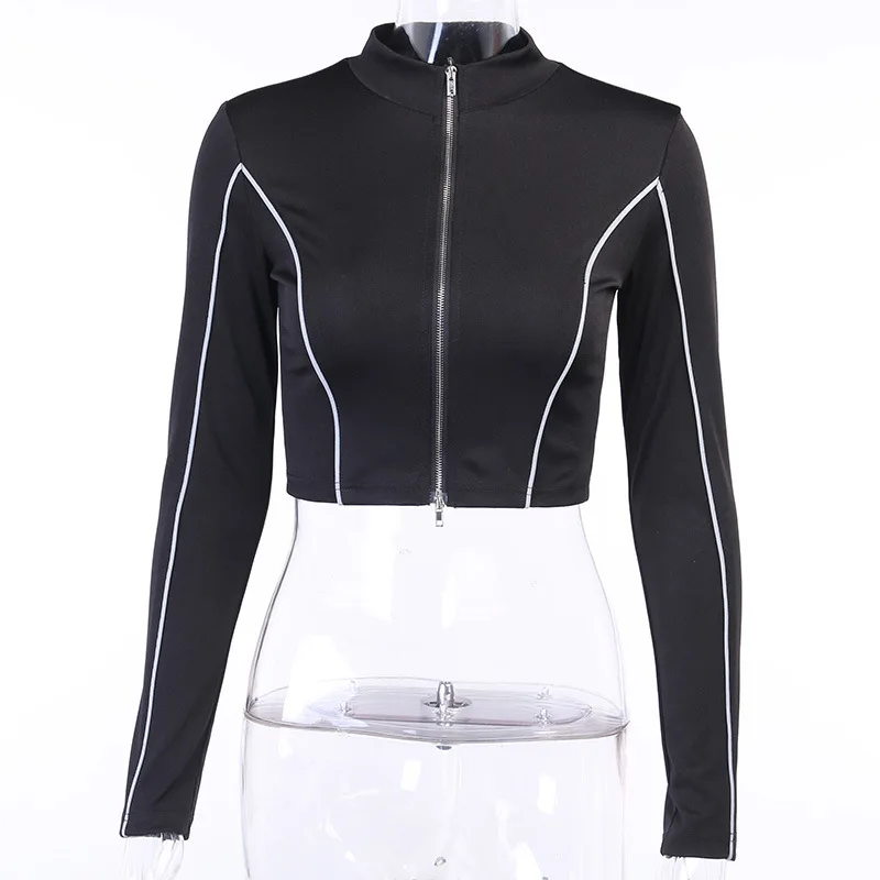 

Women's autumn coat 2020 new long-sleeved top sexy belly button reflective buds double zipper top