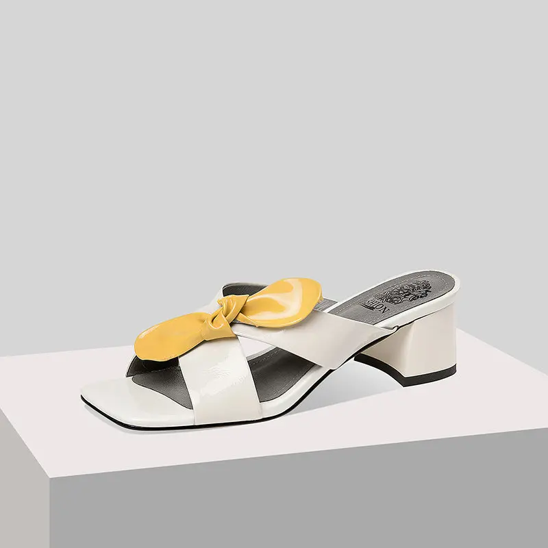 

High Heels Slippers Female Genuine Leather Fashion Summer bowties Sandals Wedding Party Prom Shoes Woman size 41 42 43