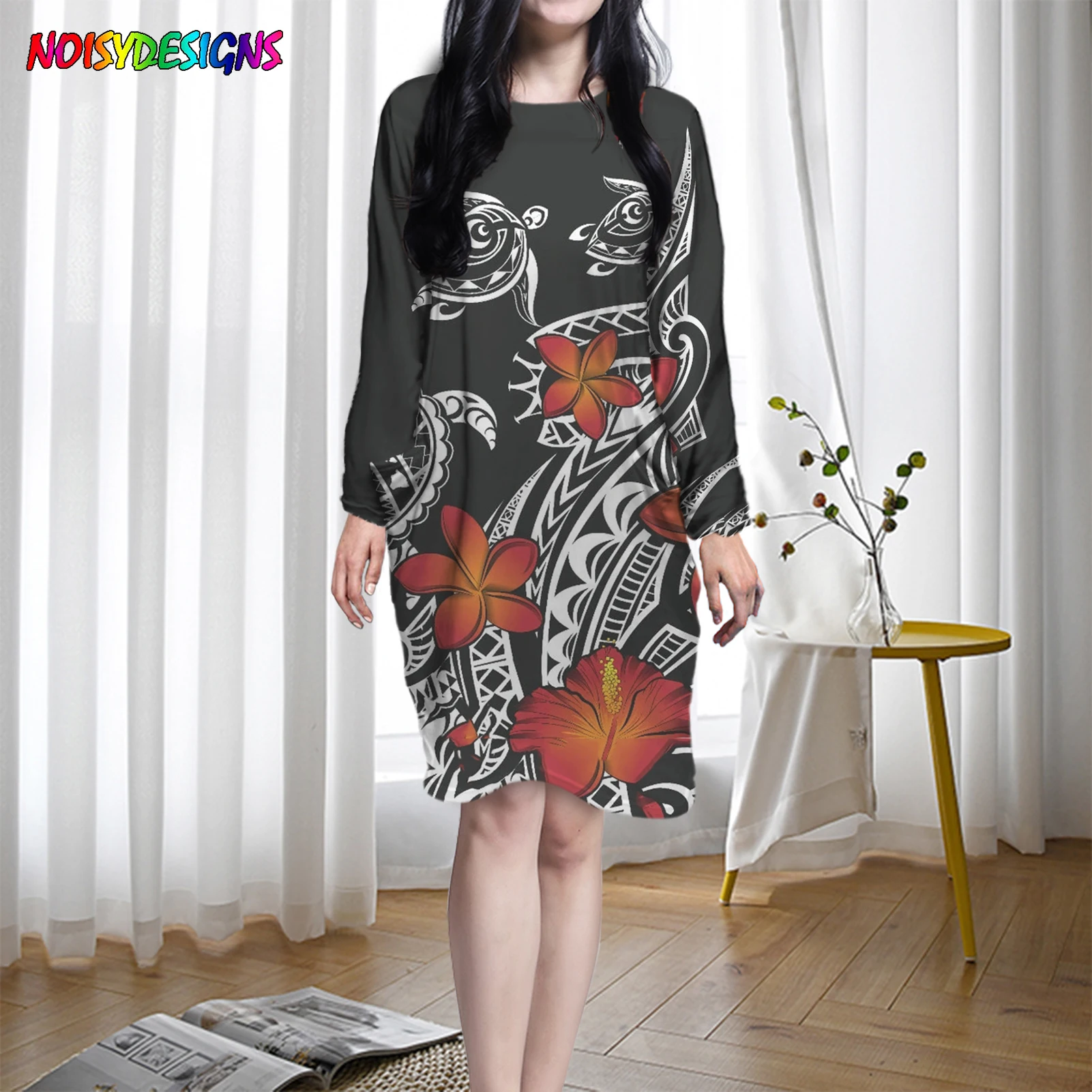 

NOISYDESIGNS Dress Women Polynesian Hibiscus Turtle Print Nightdress Pocket Loose Sexy Sleepwear Vintage Fall Casual Homewear