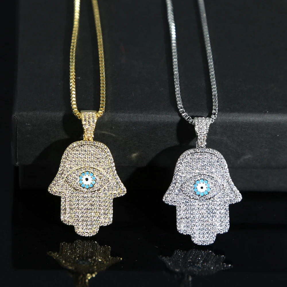

Turkish Evil Eye Hamsa Hand of Fatima Pendant Necklace Iced Out Shiny Cz Pendant & Chain Hip Hop Women Men Jewelry High Quality
