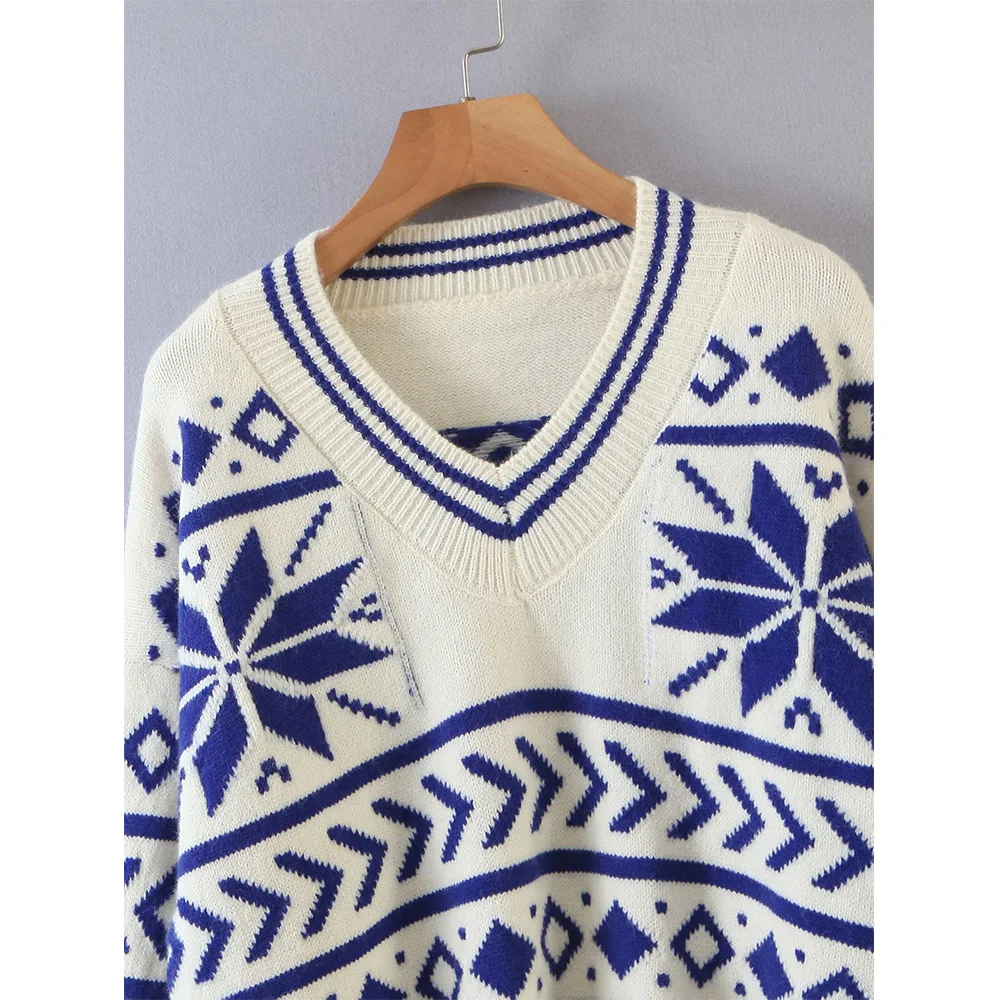 

2020 New Women Knitted Top Jacquard V-neck long sleeve Sweater Pullover Casual Fashion Sweater female women clothes