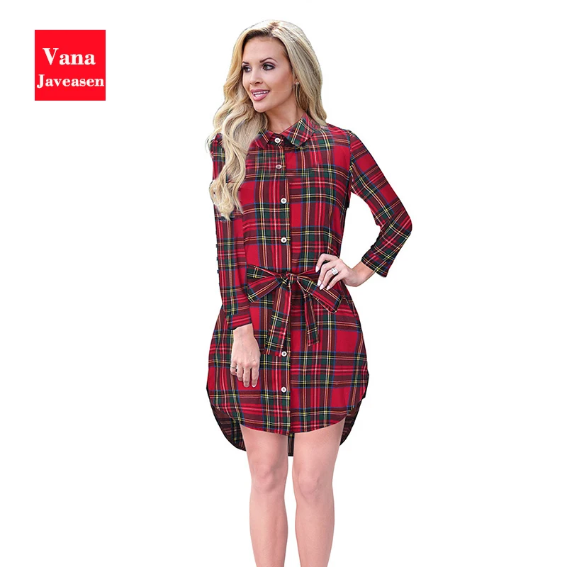 

Plaid Long Shirt Womens Top Temperament Office Lady Loose Shirts Sashes Long Sleeve Turn-down Shirt Dress Womens Clothing Spring