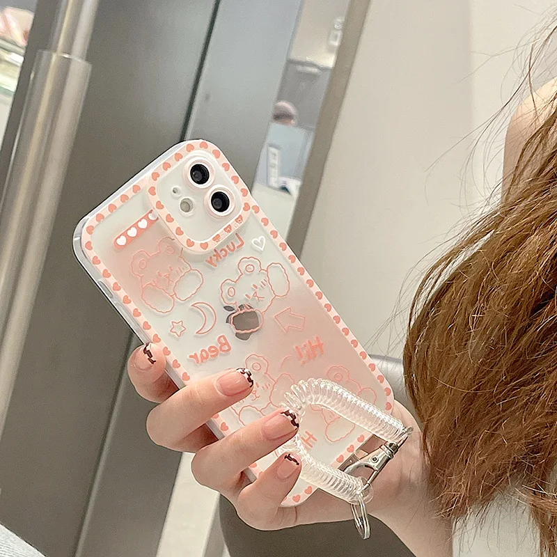 

Cute Cartoon Bear Soft Silicone Lanyard Phone Case For iPhone 13 12 11 pro Max XR XS Max X XS 6 7 8 Plus Full Protection Cover