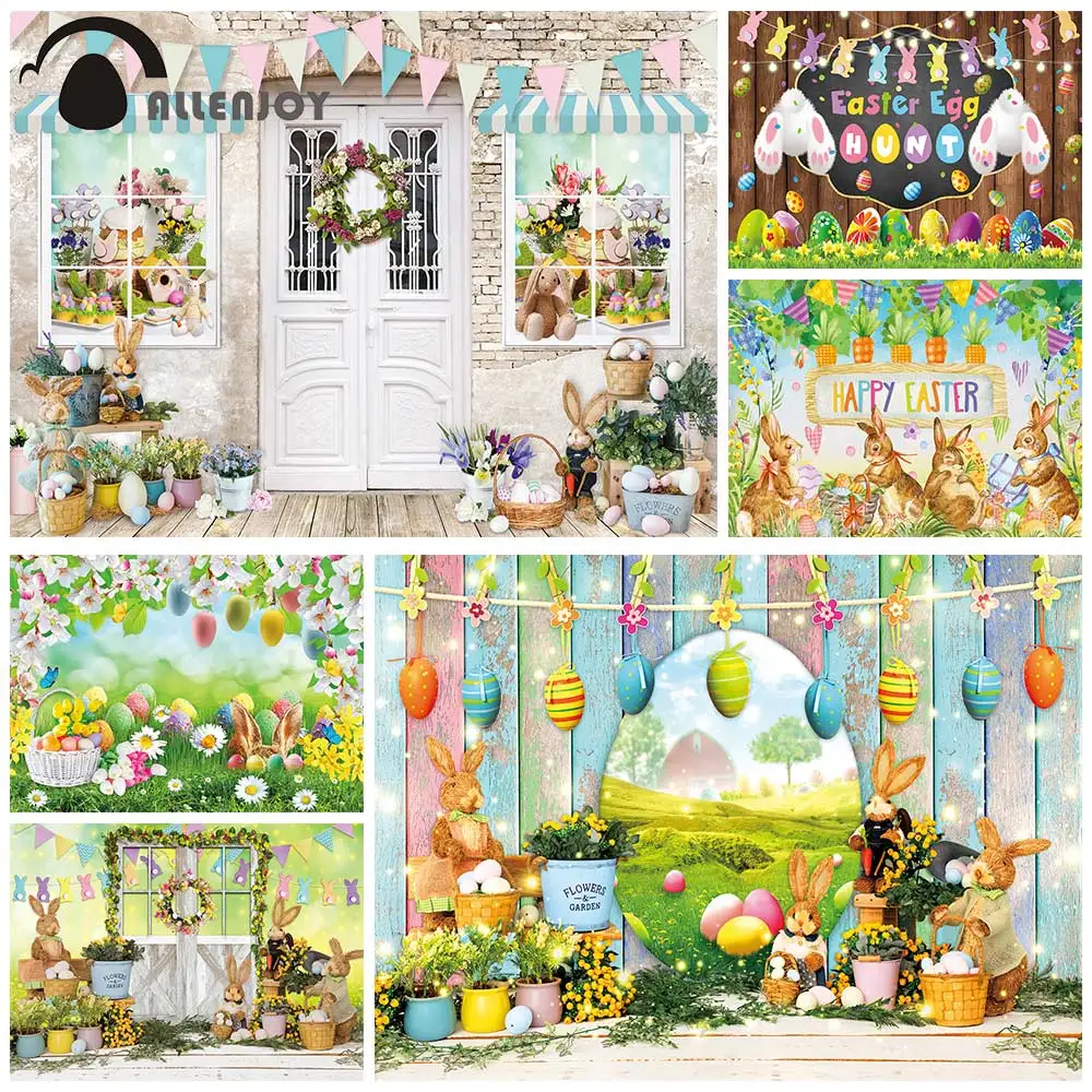 

Allenjoy Bunny Easter Backdrop Spring Eggs Rabbit Wood Birthday Newborn Party Supplie Custom Decor Poster Photography Background