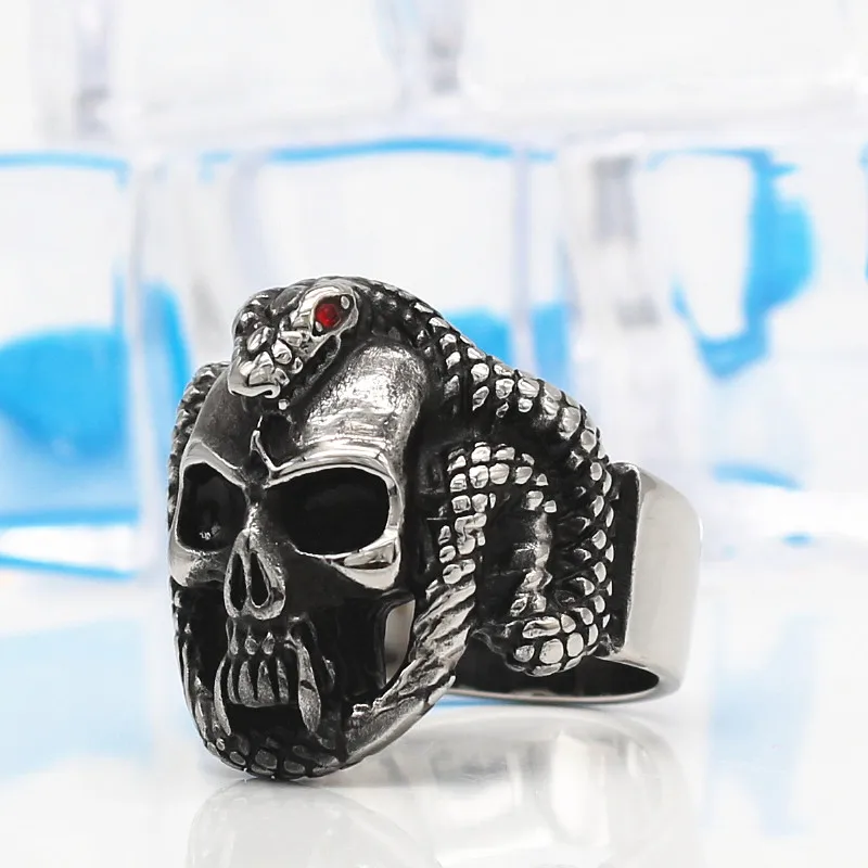 Мужское стальное кольцо в стиле панк со змеей и черепом виде скелета из
