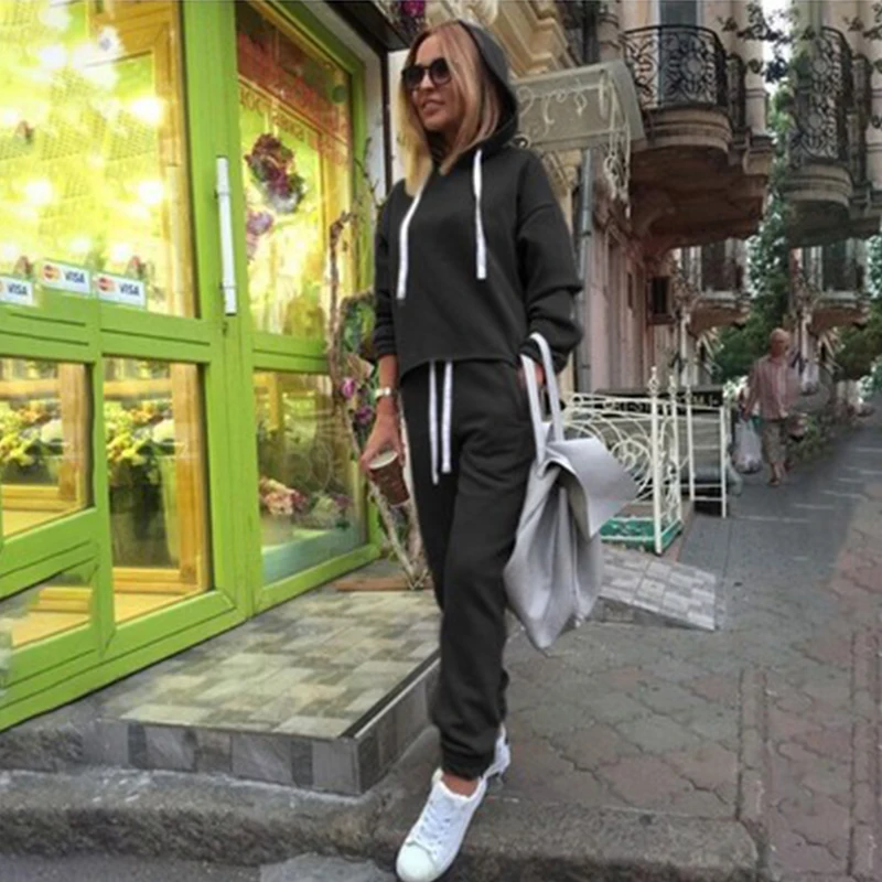 

Fall Winter Women Two Piece Set Hooded Drawstring Loose Sport Suits Solid Color Casual Female Top and Pant Streetwear