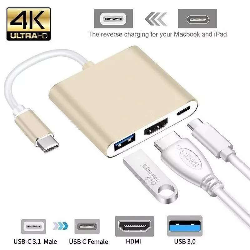 USB C To HDMI-compatible Hub 3 in 1 Converter USB 3.0 Thunderbolt 3 Type C Switch To 4K Adapter Cable for MacBook Samsung HUAWEI